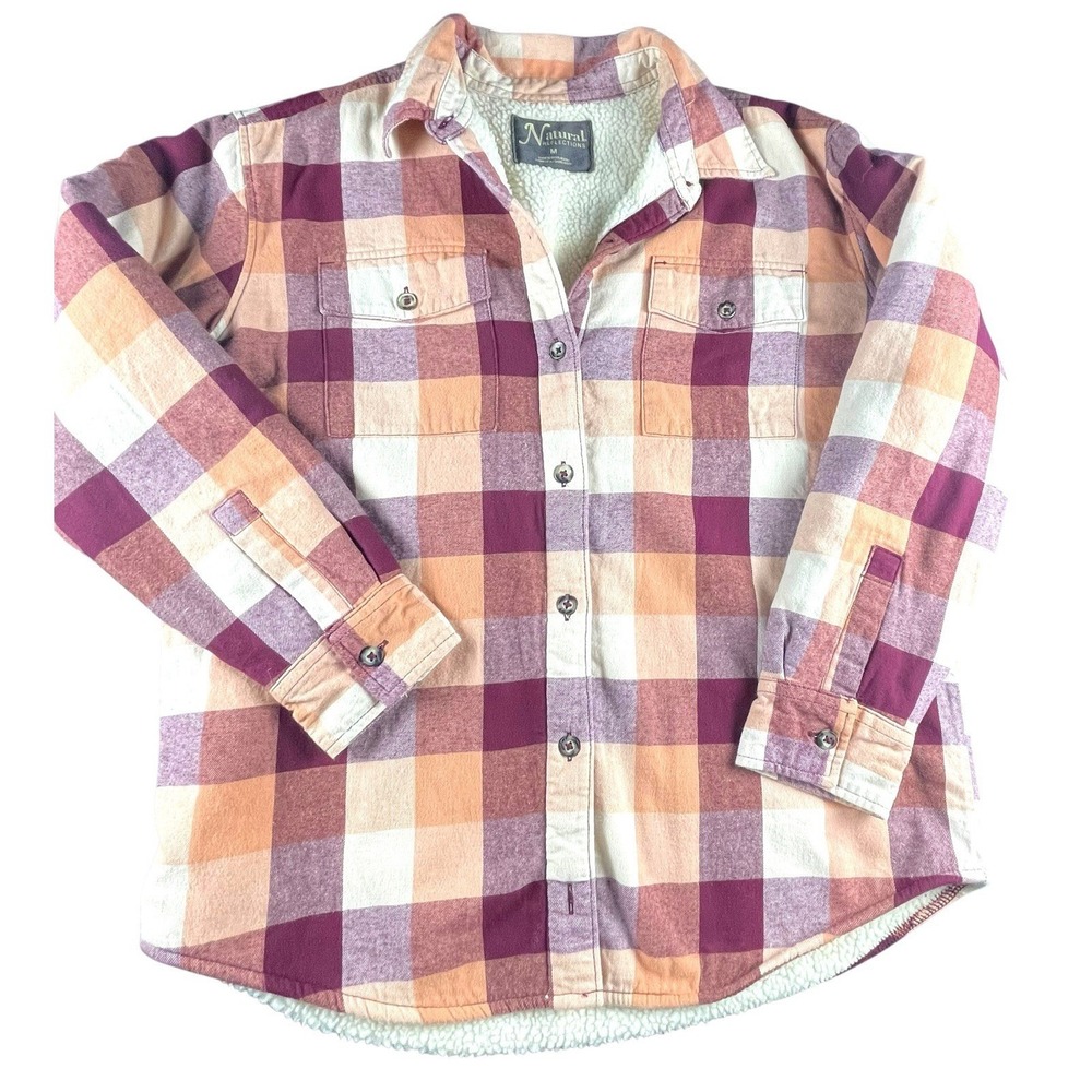 Natural Reflections Flannel Shirt Jacket Sherpa Lined Plaid Womens M Warm Heavy